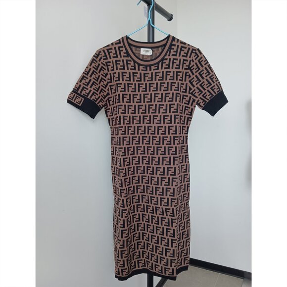 Fendi Knit Dress Short FF Zucca All-over Pattern Brown - Picture 2 of 9